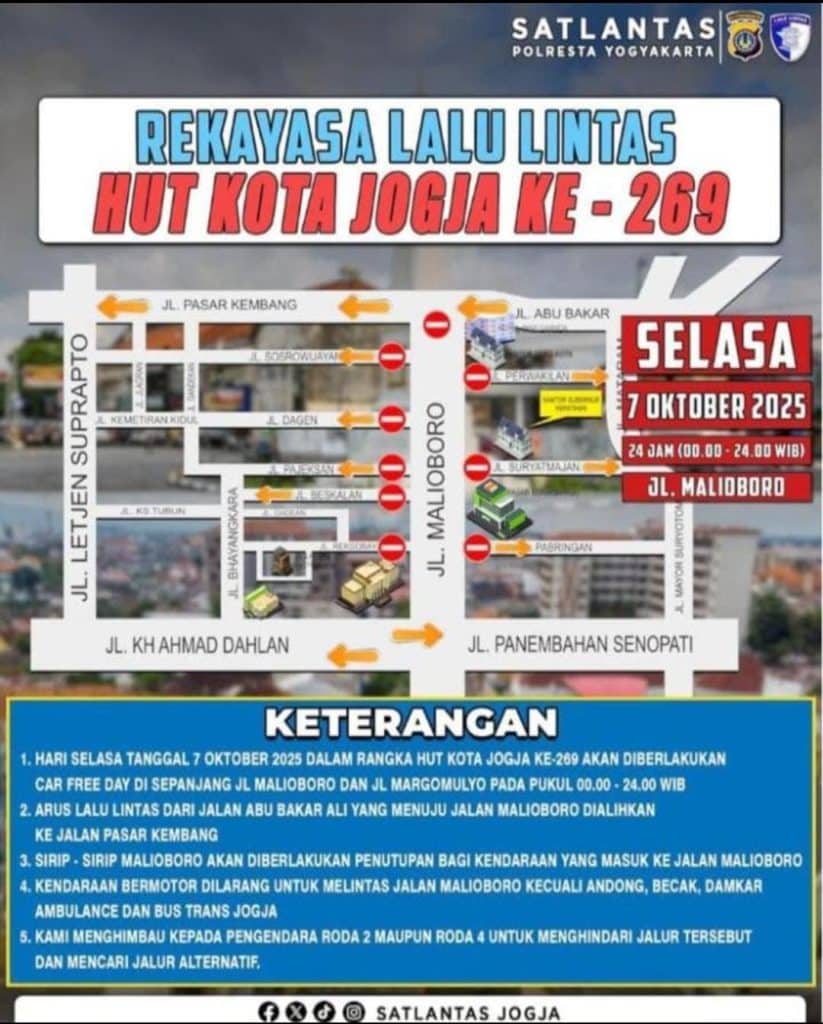 Info Lengkap Rekayasa Lalu Lintas HUT Kota Jogja ke-269 di Malioboro